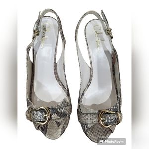 Gray and Tan Sandals with Slingback Design and Crystal Embellishments